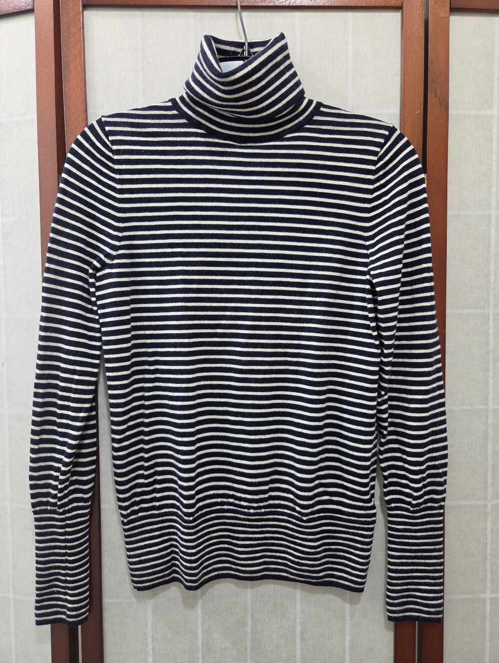 J.Crew 100% Merino Wool Striped Turtleneck Sweater Black White French Girl Small